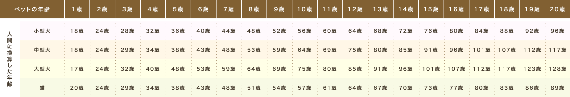 犬猫年齢の人間年齢換算表